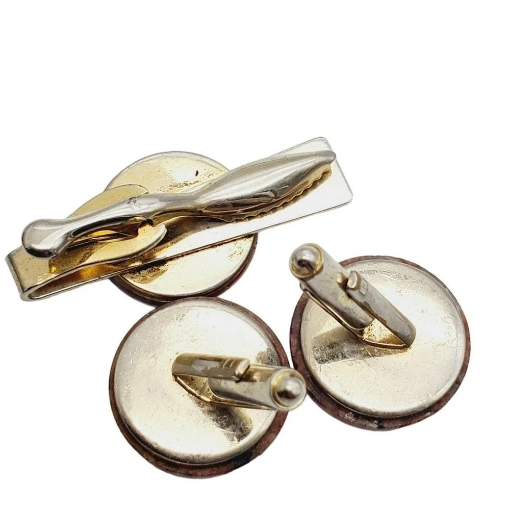 Red Jasper Cufflinks Tie Bar Set Chunky Round Stone Clip Clasp Suit Vintage 70s